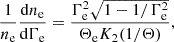 Mathematical equation: $$ \begin{aligned} \frac{1}{n_{\rm e}}\frac{\mathrm{d}n_{\rm e}}{\mathrm{d}\Gamma _{\rm e}} = \frac{\Gamma _{\rm e}^2\sqrt{1-1/\Gamma _{\rm e}^2}}{\Theta _{\rm e} K_2(1/\Theta )}, \end{aligned} $$