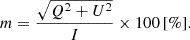 Mathematical equation: $$ \begin{aligned} m = \frac{\sqrt{Q^2+U^2}}{I}\times 100\,[\%]. \end{aligned} $$