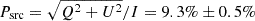 Mathematical equation: $ P_{\mathrm{src}} = \sqrt{Q^2+U^2}/I = 9.3\% \pm 0.5\% $