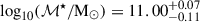 Mathematical equation: $ {\mathrm{log}_{10}}(\mathcal{M}^{\star}/\mathrm{M}_{\odot}) = 11.00^{+0.07}_{-0.11} $