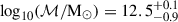 Mathematical equation: $ {\mathrm{log}_{10}}(\mathcal{M}/\mathrm{M}_{\odot}) = 12.5^{+0.1}_{-0.9} $