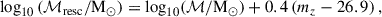 Mathematical equation: $$ \begin{aligned} {\mathrm{log}_{10}}\left(\mathcal{M} _{\text{resc} }/\mathrm{M}_{\odot }\right) = {\mathrm{log}_{10}}(\mathcal{M} /\mathrm{M}_{\odot })+0.4\left(m_{z}-26.9\right), \end{aligned} $$