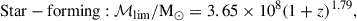 Mathematical equation: $$ \begin{aligned} {\mathrm{Star-forming:} \ } \mathcal{M} _{\rm lim}/{\mathrm{M}_\odot } = 3.65\times 10^{8}(1+z)^{1.79}, \end{aligned} $$