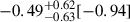 Mathematical equation: $ -0.49^{+0.62}_{-0.63}[-0.94] $