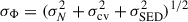 Mathematical equation: $ \sigma_{\mathrm{\Phi}} = (\sigma_{N}^{2} + \sigma_{\mathrm{cv}}^{2} + \sigma_{\mathrm{SED}}^{2})^{1/2} $