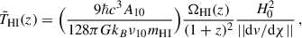 Mathematical equation: $$ \begin{aligned} \bar{T}_{\rm HI}(z) = \Big ( \frac{9 \hbar c^3A_{10} }{128 \pi Gk_B \nu _{10} m_{\rm HI} } \Big ) \frac{\Omega _{\rm HI}(z) }{(1+z)^2} \frac{H_0^2}{ || {\mathrm{d} } v / {\mathrm{d} } \chi || } \,, \end{aligned} $$