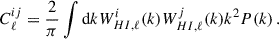 Mathematical equation: $$ \begin{aligned} C_\ell ^{ij} = \frac{2}{\pi } \int {\mathrm{d} } k W^i_{HI,\ell } (k)W^j_{HI,\ell }(k) k^2 P(k) \,. \end{aligned} $$