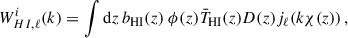 Mathematical equation: $$ \begin{aligned} W^i_{HI,\ell }(k) = \int {\mathrm{d} } z \, b_{\rm HI}(z) \ \phi (z) \bar{T}_{\rm HI}(z)D(z) j_\ell (k\chi (z)) \,, \end{aligned} $$
