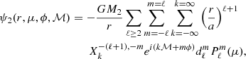 Mathematical equation: $$ \begin{aligned} \psi _2(r, \mu , \phi , \mathcal{M} )&=-\dfrac{GM_2}{r}\sum _{\ell \ge 2} \sum _{m=-\ell } ^{m=\ell } \sum _{k=-\infty } ^{k=\infty } \left(\dfrac{r}{a} \right)^{\ell +1} \\&\qquad X^{-(\ell +1),-m}_{k}e^{i (k \mathcal{M} +m\phi )} d_{\ell }^{m} P_{\ell }^{m}(\mu ), \nonumber \end{aligned} $$