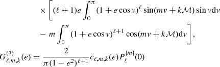 Mathematical equation: $$ \begin{aligned}&\quad \times \left[(\ell +1)e \int ^{\pi }_0 (1+e \cos v)^{\ell } \sin (m v+k \mathcal{M} ) \sin v\mathrm{d} v \right. \nonumber \\&\quad - \left. m \int ^{\pi }_0 (1+e \cos v)^{\ell +1} \cos (m v+k \mathcal{M} ) \mathrm{d} v \right],\nonumber \\ G^{(3)}_{\ell ,m,k}(e)&=\dfrac{2}{\pi (1-e^2)^{\ell +1}} c_{\ell ,m,k}(e) P_{\ell }^{\vert m \vert }(0)\end{aligned} $$