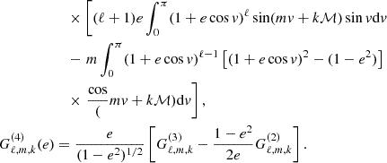 Mathematical equation: $$ \begin{aligned}&\quad \times \left[(\ell +1)e \int ^{\pi }_0 (1+e \cos v)^{\ell } \sin (m v+k \mathcal{M} ) \sin v\mathrm{d} v \right. \nonumber \\&\quad - \left. m \int ^{\pi }_0 (1+e \cos v)^{\ell -1} \left[(1+e\cos v)^2 -(1-e^2)\right] \right. \nonumber \\&\quad \times \left. \dfrac\cos (m v+k \mathcal{M} ) \mathrm{d} v \right],\nonumber \\ G^{(4)}_{\ell ,m,k}(e)&=\dfrac{e}{(1-e^2)^{1/2}}\left[G^{(3)}_{\ell ,m,k} -\dfrac{1-e^2}{2e}G^{(2)}_{\ell ,m,k} \right]. \end{aligned} $$