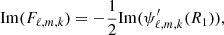 Mathematical equation: $$ \begin{aligned} \mathrm{Im} (F_{\ell ,m,k}) = -\dfrac{1}{2}\mathrm{Im} (\psi ^{\prime }_{\ell ,m,k}(R_1)), \end{aligned} $$