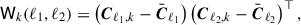Mathematical equation: $$ \begin{aligned} \mathsf{W }_{k}(\ell _{1},\ell _{2}) = \left(\boldsymbol{C}_{\ell _{1},k}-\bar{\boldsymbol{C}}_{\ell _{1}}\right)\left(\boldsymbol{C}_{\ell _{2},k}-\bar{\boldsymbol{C}}_{\ell _{2}}\right)^{\top }, \end{aligned} $$