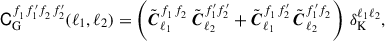 Mathematical equation: $$ \begin{aligned} \mathsf{C }_{\mathrm{G} }^{f^{\ }_{1}f^{\prime }_{1}f^{\ }_{2}f^{\prime }_{2}}(\ell _{1},\ell _{2}) = \left(\tilde{\boldsymbol{C}}_{\ell _{1}}^{f^{\ }_{1}f^{\ }_{2}}\,\tilde{\boldsymbol{C}}_{\ell _{2}}^{f^{\prime }_{1}f^{\prime }_{2}} + \tilde{\boldsymbol{C}}_{\ell _{1}}^{f^{\ }_{1}f^{\prime }_{2}}\,\tilde{\boldsymbol{C}}_{\ell _{2}}^{f^{\prime }_{1}f^{\ }_{2}}\right)\,\delta _{\mathrm{K} }^{\ell _{1}\ell _{2}} , \end{aligned} $$