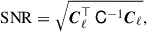 Mathematical equation: $$ \begin{aligned} \mathrm{SNR} = \sqrt{\boldsymbol{C}_{\ell }^{\top }\, \mathsf{C }^{-1} \boldsymbol{C}_{\ell }}, \end{aligned} $$