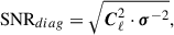 Mathematical equation: $$ \begin{aligned} \mathrm {SNR}_{diag} = \sqrt{\boldsymbol{C}_{\ell }^{2}\cdot \boldsymbol{\sigma }^{-2}}, \end{aligned} $$