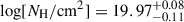 Mathematical equation: $ \log [N_{\mathrm{H}}/\mathrm{cm}^2] = 19.97^{+0.08}_{-0.11} $