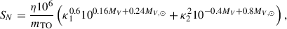 Mathematical equation: $$ \begin{aligned} S_N = \frac{\eta 10^6}{m_{\rm TO}} \left(\kappa _1^{0.6}10^{0.16M_V+0.24M_{V,\odot }} + \kappa _2^{2}10^{-0.4M_V+0.8M_{V,\odot }}\right), \end{aligned} $$