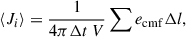 Mathematical equation: $$ \begin{aligned} \langle J_i\rangle =\frac{1}{4\pi \Delta t\,V}\sum {e_{\mathrm{cmf}}\Delta l}, \end{aligned} $$