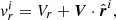 Mathematical equation: $$ \begin{aligned} v^{i}_r = V_r + \boldsymbol{V}\cdot \hat{\boldsymbol{r}}^{i} , \end{aligned} $$
