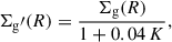 Mathematical equation: $$ \begin{aligned} \Sigma _{\rm g}\prime (R) = \frac{\Sigma _{\rm g}(R)}{1+0.04\,K}, \end{aligned} $$