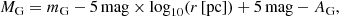 Mathematical equation: $$ \begin{aligned} M_{\text{G}} = m_{\text{G}} - {5}\,\mathrm{mag}\times \log _{10}(r\,\text{[pc]}) + {5}\,\mathrm{mag} - A_{\text{G}}, \end{aligned} $$