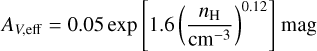 Mathematical equation: $A_{V, \text { eff }}=0.05 \exp \left[1.6\left(\frac{n_{\mathrm{H}}}{\mathrm{cm}^{-3}}\right)^{0.12}\right] \mathrm{mag}$