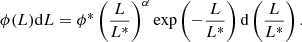 Mathematical equation: $$ \begin{aligned} \phi (L)\mathrm{d}L = \phi ^*\left(\frac{L}{L^*}\right)^\alpha \exp \left(-\frac{L}{L^*}\right)\mathrm{d}\left(\frac{L}{L^*}\right) . \end{aligned} $$