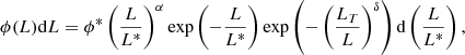 Mathematical equation: $$ \begin{aligned} \phi (L)\mathrm{d}L = \phi ^*\left(\frac{L}{L^*}\right)^\alpha \exp \left(-\frac{L}{L^*}\right)\exp \left(-\left(\frac{L_T}{L}\right)^\delta \right)\mathrm{d}\left(\frac{L}{L^*}\right), \end{aligned} $$