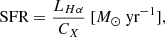 Mathematical equation: $$ \begin{aligned} \text{ SFR} = \frac{L_{H\alpha }}{C_X}\ \text{[}M_\odot \text{ yr}^{-1}\text{]} , \end{aligned} $$