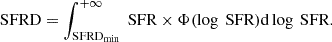 Mathematical equation: $$ \begin{aligned} \text{ SFRD} = \int _{\mathrm{SFRD}_{\rm min}}^{+\infty } \text{ SFR}\times \Phi (\log \text{ SFR})\mathrm{d}\log \text{ SFR} .\end{aligned} $$