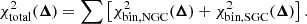 Mathematical equation: $$ \begin{aligned} \chi ^2_{\mathrm{total} }(\boldsymbol{\Delta }) = \sum \left[\chi ^2_{\mathrm{bin,NGC} }(\boldsymbol{\Delta }) + \chi ^2_{\mathrm{bin,SGC} }(\boldsymbol{\Delta })\right]. \end{aligned} $$