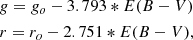 Mathematical equation: $$ \begin{aligned}&g = g_o - 3.793*E(B-V)\\&r = r_o - 2.751*E(B-V), \end{aligned} $$
