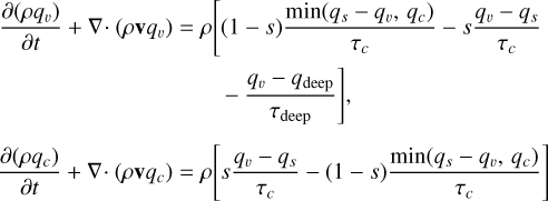 Mathematical equation: $\eqalign{& {{\partial \left( {\rho {q_v}} \right)} \over {\partial t}} + \nabla \cdot\left( {\rho {\bf{v}}{q_v}} \right) = \rho [(1 - s){{\min \left( {{q_s} - {q_v},{q_c}} \right)} \over {{\tau _c}}} - s{{{q_v} - {q_s}} \over {{\tau _c}}} \cr & \left. { - {{{q_v} - {q_{{\rm{deep }}}}} \over {{\tau _{{\rm{deep }}}}}}} \right], \cr & {{\partial \left( {\rho {q_c}} \right)} \over {\partial t}} + \nabla \cdot\left( {\rho {\bf{v}}{q_c}} \right) = \rho \left[ {s{{{q_v} - {q_s}} \over {{\tau _c}}} - (1 - s){{\min \left( {{q_s} - {q_v},{q_c}} \right)} \over {{\tau _c}}}} \right] \cr} $