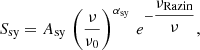 Mathematical equation: $$ \begin{aligned} S_{\rm {sy}} = A_{\rm {sy}}\,\left(\dfrac{\nu }{\nu _{0}}\right)^{\alpha _{\rm {sy}}} \, e^{ - \dfrac{\nu _{\rm {Razin}}}{\nu } } , \end{aligned} $$