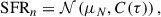 Mathematical equation: $$ \begin{aligned} \mathrm{SFR}_n = \mathcal{N} \left( \mu _N, C(\tau ) \right), \end{aligned} $$