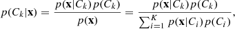 Mathematical equation: $$ \begin{aligned} p(C_k|\mathbf x ) = \frac{p(\mathbf x |C_k) p(C_k)}{p(\mathbf x )} = \frac{p(\mathbf x |C_k) p(C_k)}{\sum _{i=1}^K p(\mathbf x |C_i) p(C_i)} , \end{aligned} $$