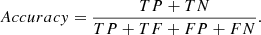 Mathematical equation: $$ \begin{aligned} Accuracy= \frac{TP+TN}{TP+TF+FP+FN}. \end{aligned} $$