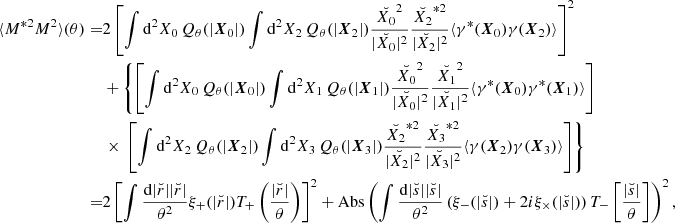 Mathematical equation: $$ \begin{aligned} \langle M^{*2}M^{2}\rangle (\theta ) = &2\left[\int \mathrm{d}^2 X_0\, Q_\theta (|\boldsymbol{X}_{0}|)\int \mathrm{d}^2 X_2 \,Q_\theta (|\boldsymbol{X}_{2}|)\frac{\breve{X_0}^{2}}{|\breve{X_0}|^2}\frac{\breve{X_2}^{*2}}{|\breve{X_2}|^2}\langle \gamma ^*(\boldsymbol{X}_{0})\gamma (\boldsymbol{X}_{2})\rangle \right]^2 \\&+ \left\{ \left[\int \mathrm{d}^2 X_0 \, Q_\theta (|\boldsymbol{X}_{0}|)\int \mathrm{d}^2 X_1 \,Q_\theta (|\boldsymbol{X}_{1}|)\frac{\breve{X_0}^2}{|\breve{X_0}|^2}\frac{\breve{X_1}^2}{|\breve{X_1}|^2}\langle \gamma ^*(\boldsymbol{X}_{0})\gamma ^*(\boldsymbol{X}_{1})\rangle \right] \right. \\&\left. \times \ \left[\int \mathrm{d}^2 X_2 \, Q_\theta (|\boldsymbol{X}_{2}|)\int \mathrm{d}^2 X_3 \,Q_\theta (|\boldsymbol{X}_{3}|)\frac{\breve{X_2}^{*2}}{|\breve{X_2}|^2}\frac{\breve{X_3}^{*2}}{|\breve{X_3}|^2}\langle \gamma (\boldsymbol{X}_{2})\gamma (\boldsymbol{X}_{3})\rangle \right]\right\} \\ =&2\left[\int \frac{\mathrm{d}|\breve{r}| |\breve{r}|}{\theta ^2} \xi _+(|\breve{r}|)T_+\left(\frac{|\breve{r}|}{\theta }\right)\right]^2 +\mathrm{Abs} \left(\int \frac{\mathrm{d}|\breve{s}| |\breve{s}|}{\theta ^2} \left(\xi _-(|\breve{s}|)+2i\xi _\times (|\breve{s}|)\right)T_-\left[\frac{|\breve{s}|}{\theta }\right]\right)^2, \end{aligned} $$