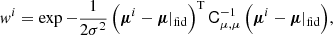 Mathematical equation: $$ \begin{aligned}&w^i = \exp {-\frac{1}{2\sigma ^2}\left(\boldsymbol{\mu }^i-\boldsymbol{\mu }|_\mathrm{fid} \right)^\mathrm{T} \mathsf{C }_{\mu ,\mu }^{-1}\left(\boldsymbol{\mu }^i-\boldsymbol{\mu }|_\mathrm{fid} \right)}, \end{aligned} $$