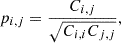 Mathematical equation: $$ \begin{aligned} p_{i,j} = \frac{C_{i,j}}{\sqrt{C_{i,i}C_{j,j}}}, \end{aligned} $$