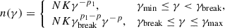 Mathematical equation: $$ \begin{aligned} n(\gamma ) = {\left\{ \begin{array}{ll} N K \gamma ^{-p_1},&\gamma _{\rm min} \le \gamma < \gamma _{\rm break}, \\ N K \gamma _{\rm break}^{p_1 - p} \gamma ^{-p},&\gamma _{\rm break} \le \gamma \le \gamma _{\rm max} \end{array}\right.} \end{aligned} $$