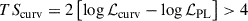 Mathematical equation: $$ \begin{aligned} TS_{\rm curv} = 2\left[\log {\mathcal{L} _{\rm curv}}-\log {\mathcal{L} _{\rm PL}}\right]>4 \end{aligned} $$