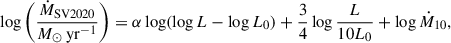 Mathematical equation: $$ \begin{aligned} \log \left(\frac{\dot{M}_{\rm {SV2020}}}{M_\odot \,\mathrm {yr}^{-1}}\right) = \alpha \log (\log L - \log L_0)+\frac{3}{4}\log \frac{L}{10L_0}+\log \dot{M}_{10}, \end{aligned} $$
