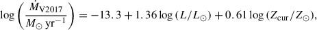 Mathematical equation: $$ \begin{aligned} \log \left(\frac{\dot{M}_{\rm {V2017}}}{M_\odot \,\mathrm {yr}^{-1}}\right) = -13.3 + 1.36 \log \, (L/L_{\odot }) + 0.61 \log \,(Z_{\rm {cur}}/Z_{\odot }), \end{aligned} $$