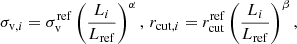 Mathematical equation: $$ \begin{aligned} \sigma _{\mathrm{v},i} = \sigma _{\rm v}^\mathrm{ref} \left(\frac{L_i}{L_{\rm ref}}\right)^{\alpha }, \, r_{\mathrm{cut},i} = r_{\rm cut}^\mathrm{ref} \left(\frac{L_i}{L_{\rm ref}}\right)^{\beta }, \end{aligned} $$