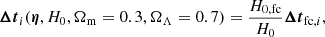 Mathematical equation: $$ \begin{aligned} {\boldsymbol{\Delta t}}_i (\boldsymbol{\eta }, H_0, \Omega _{\rm m}=0.3, \Omega _{\Lambda }=0.7) = \frac{H_{0,\mathrm{fc}}}{H_0} {\boldsymbol{\Delta t}}_{\mathrm{fc},i}, \end{aligned} $$