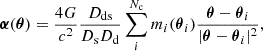 Mathematical equation: $$ \begin{aligned} \boldsymbol{\alpha }(\boldsymbol{\theta }) = \frac{4 G}{c^2} \frac{D_{\rm ds}}{D_{\rm s} D_{\rm d}} \sum _{i}^{N_{\rm c}} m_i({\boldsymbol{\theta }}_i)\frac{{\boldsymbol{\theta }} - {\boldsymbol{\theta }}_i}{|{\boldsymbol{\theta }} - {\boldsymbol{\theta }}_i|^2}, \end{aligned} $$