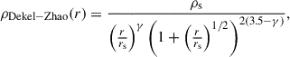 Mathematical equation: $$ \begin{aligned} \rho _{\rm {Dekel-Zhao}}(r) = \frac{\rho _{\rm {s}}}{\left(\frac{r}{r_{\rm {s}}} \right)^{\gamma }\left(1+\left(\frac{r}{r_{\rm {s}}} \right)^{1/2}\right)^{2(3.5-\gamma )}}, \end{aligned} $$