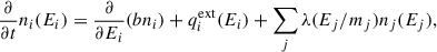 Mathematical equation: $$ \begin{aligned} \frac{\partial }{\partial t} n_i (E_i) = \frac{\partial }{\partial E_i} (b n_i) + q_i^{\mathrm{ext} }(E_i) + \sum _j \lambda (E_j/m_j) n_j(E_j), \end{aligned} $$